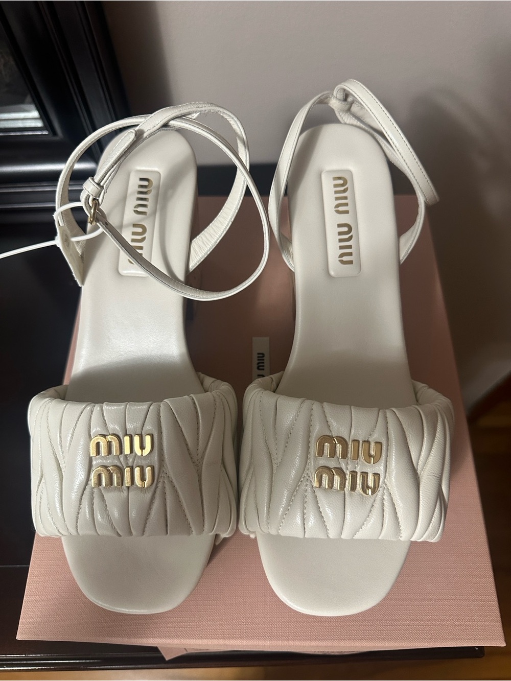 Miu Miu Women’s White Cork Wedge Sandals with Gold Stud Accents - Size 41